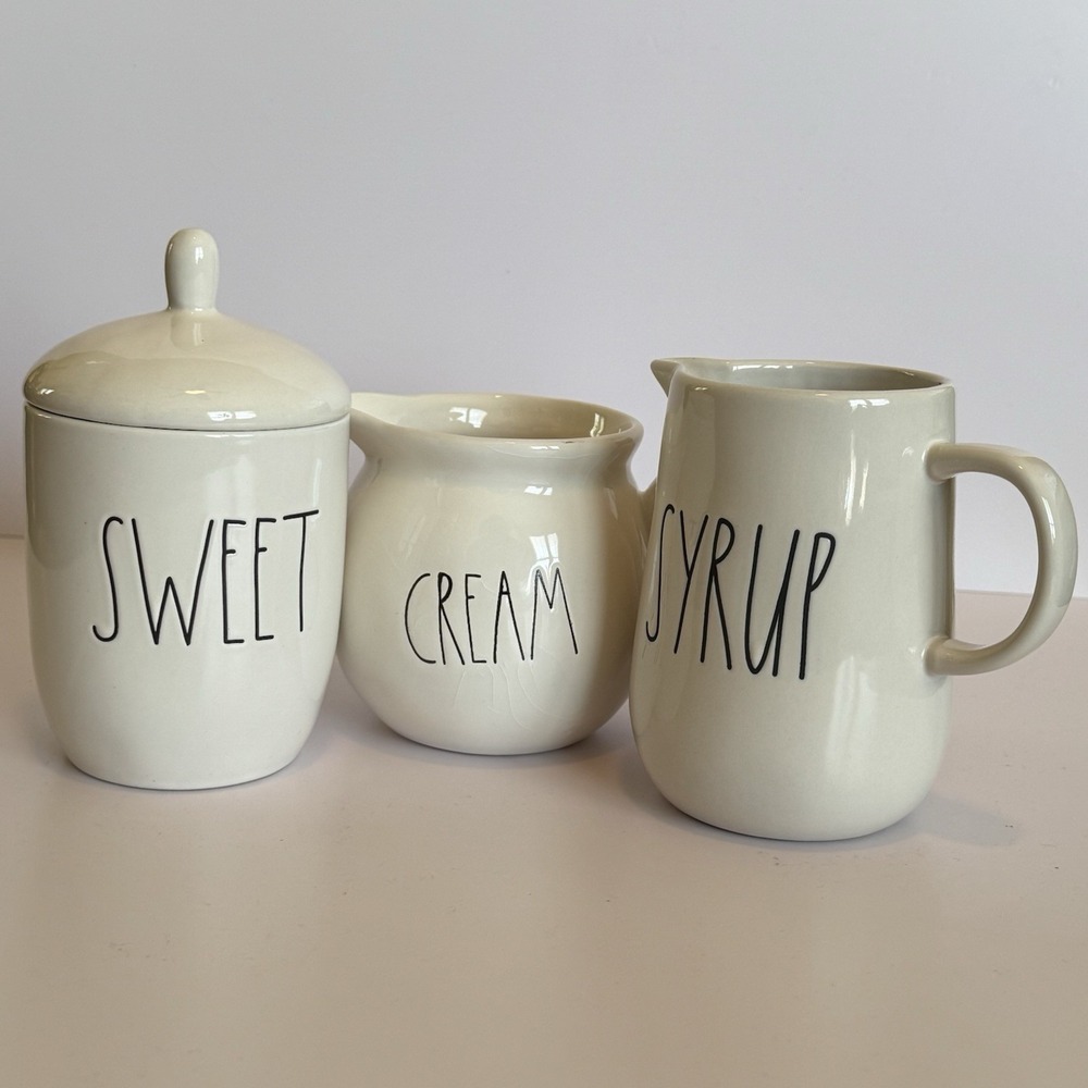 Rae Dunn SWEET CREAM SYRUP Coffee Bar Set Sugar Creamer Pitcher‎ Farmhouse Gift